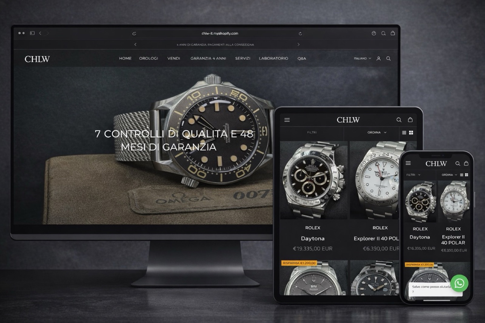 Sito e-commerce CHLW.it mostrato su computer, tablet e smartphone