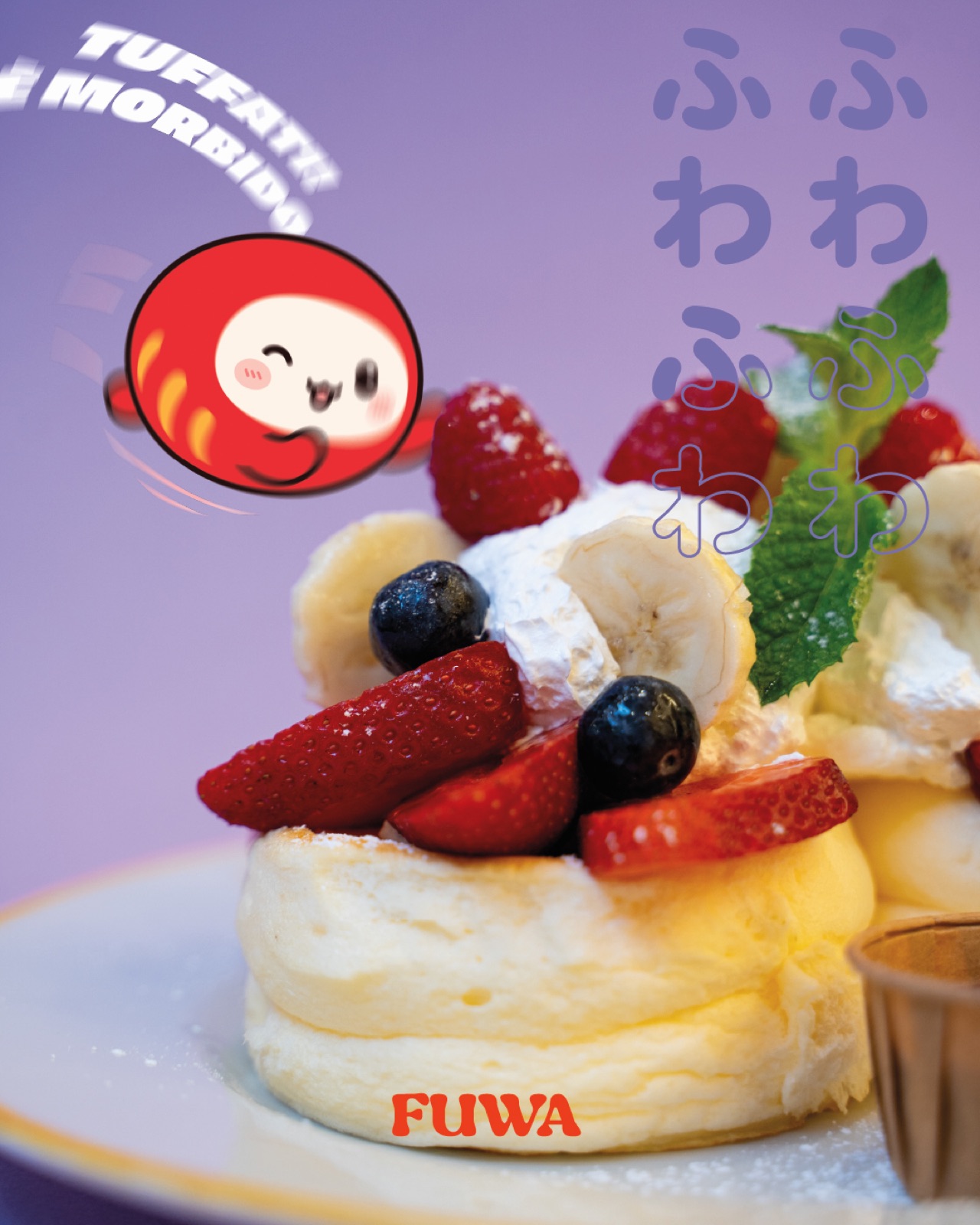 Grafica social Fuwa: soufflé pancake con frutti rossi e mascotte