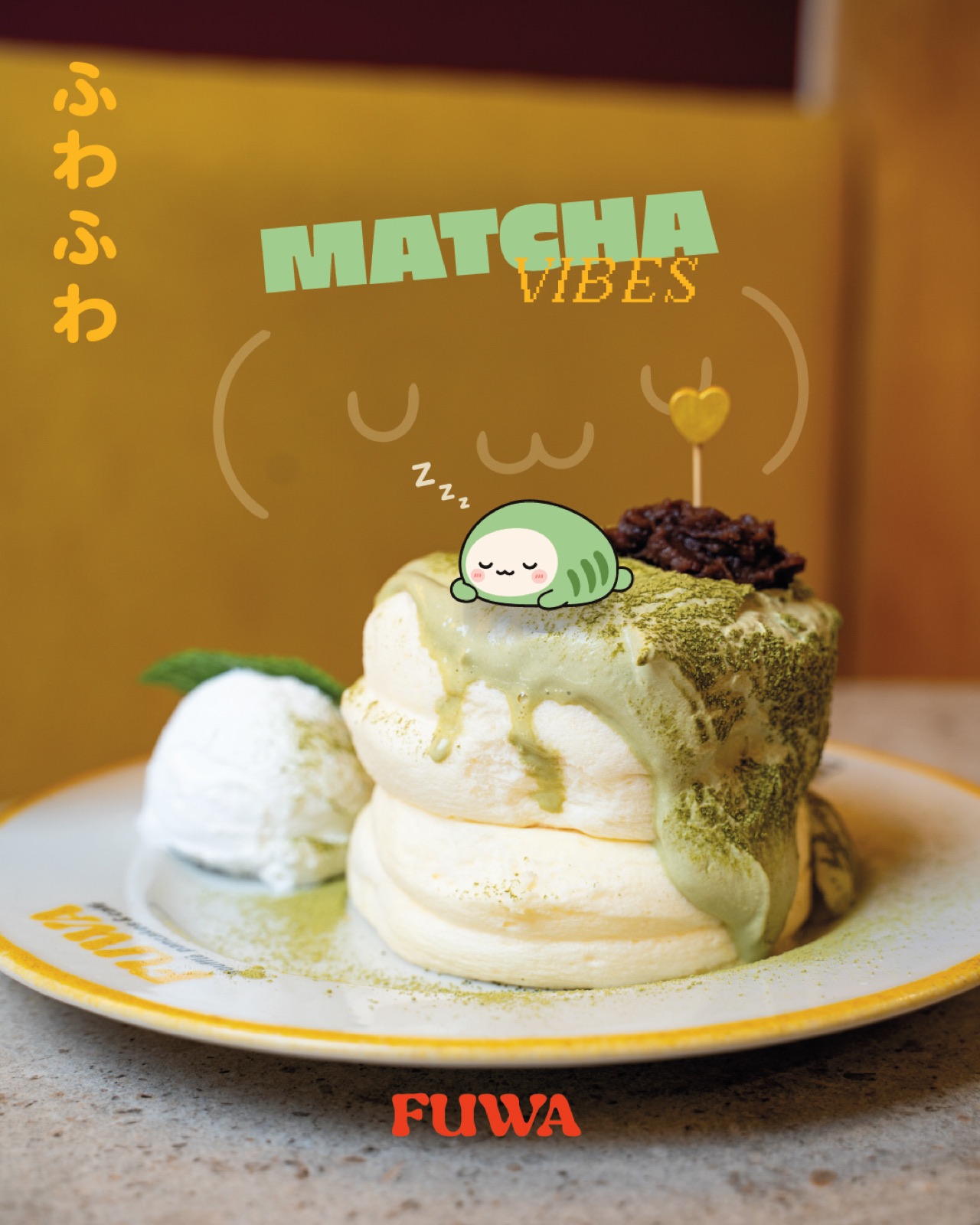 Grafica social Fuwa Matcha Vibes: soufflé pancake al matcha