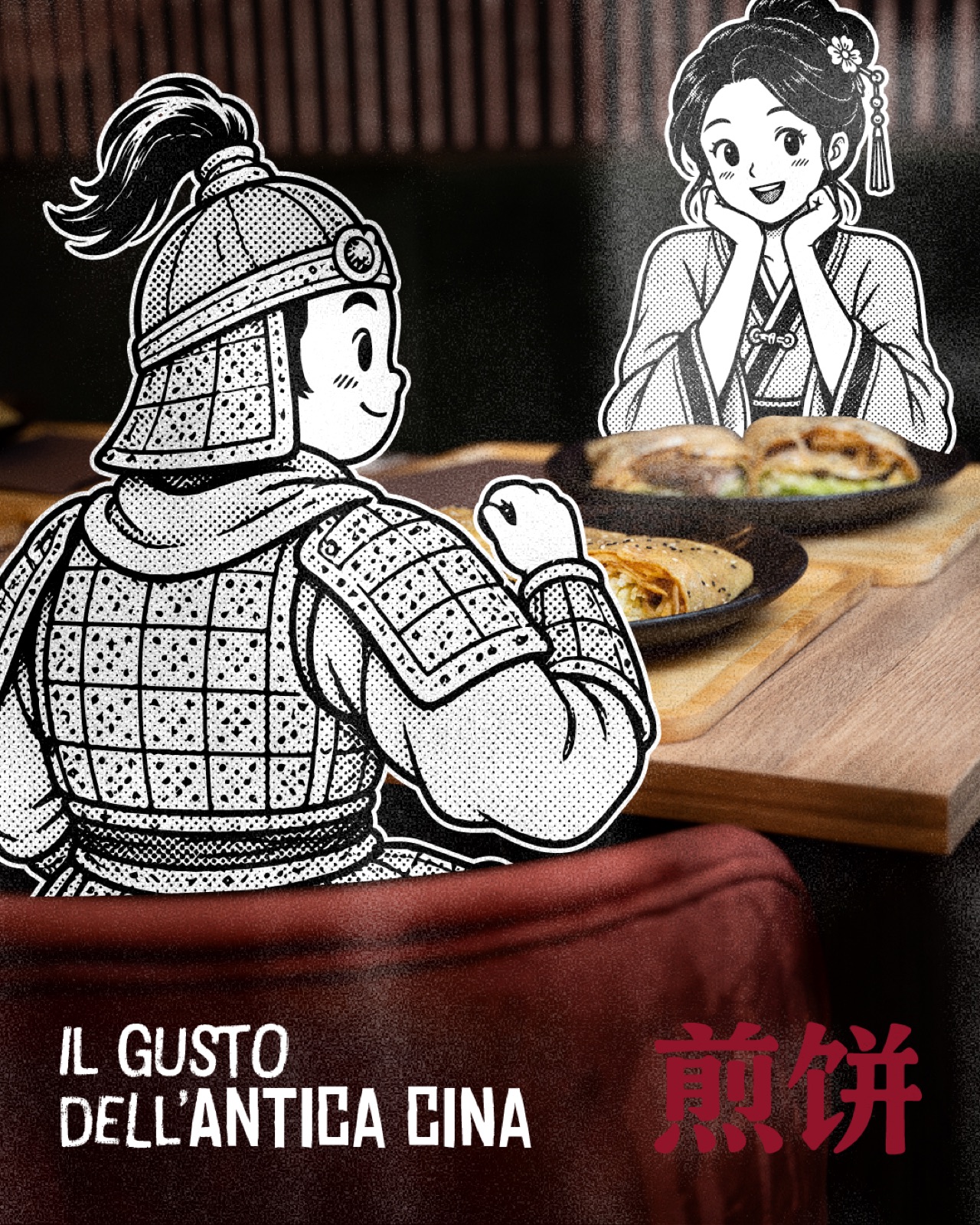 Grafica social Jianbing House in stile fumetto: Il gusto dell'antica Cina
