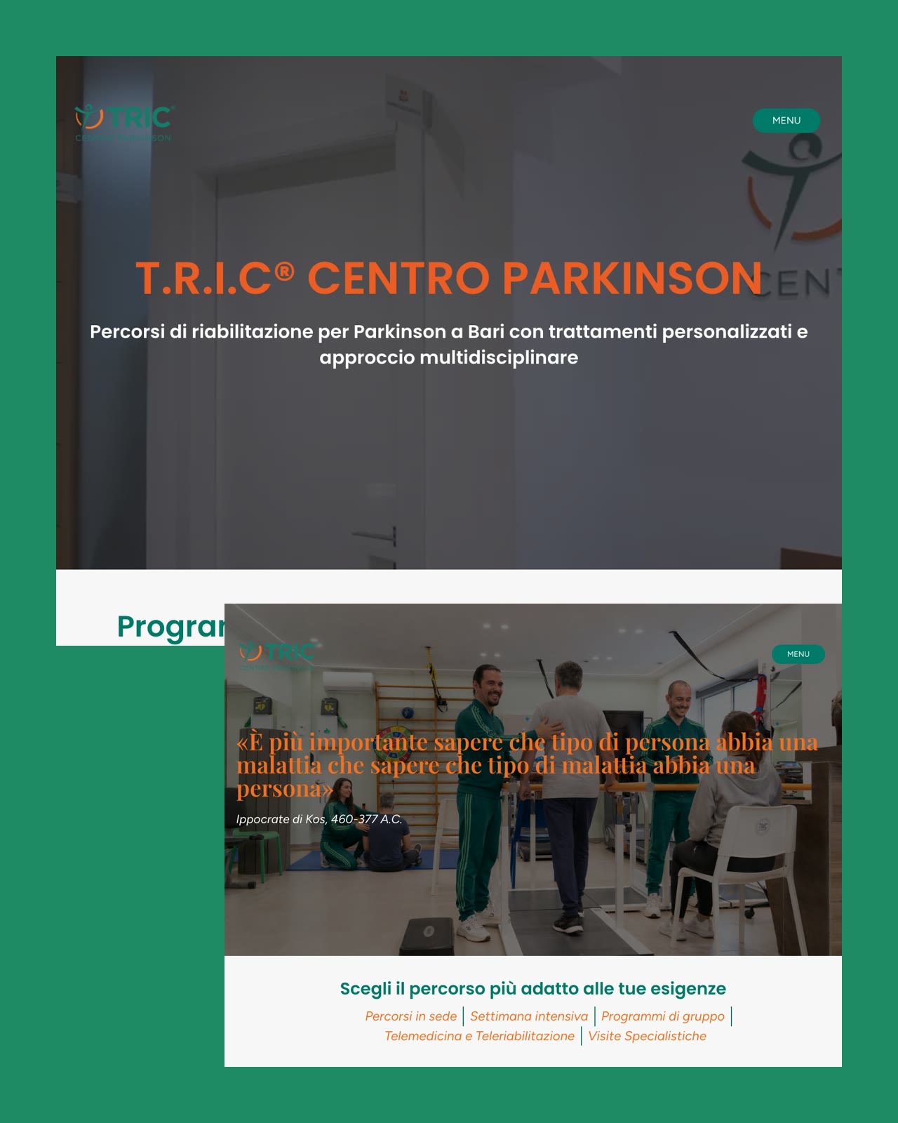 Home page e pagina programmi del sito fisioterapiaparkinson.it realizzato per TRIC Centro Parkinson