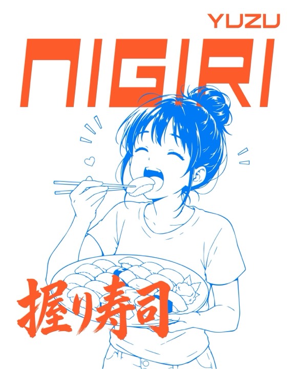Grafica Yuzu in stile manga: ragazza che mangia nigiri